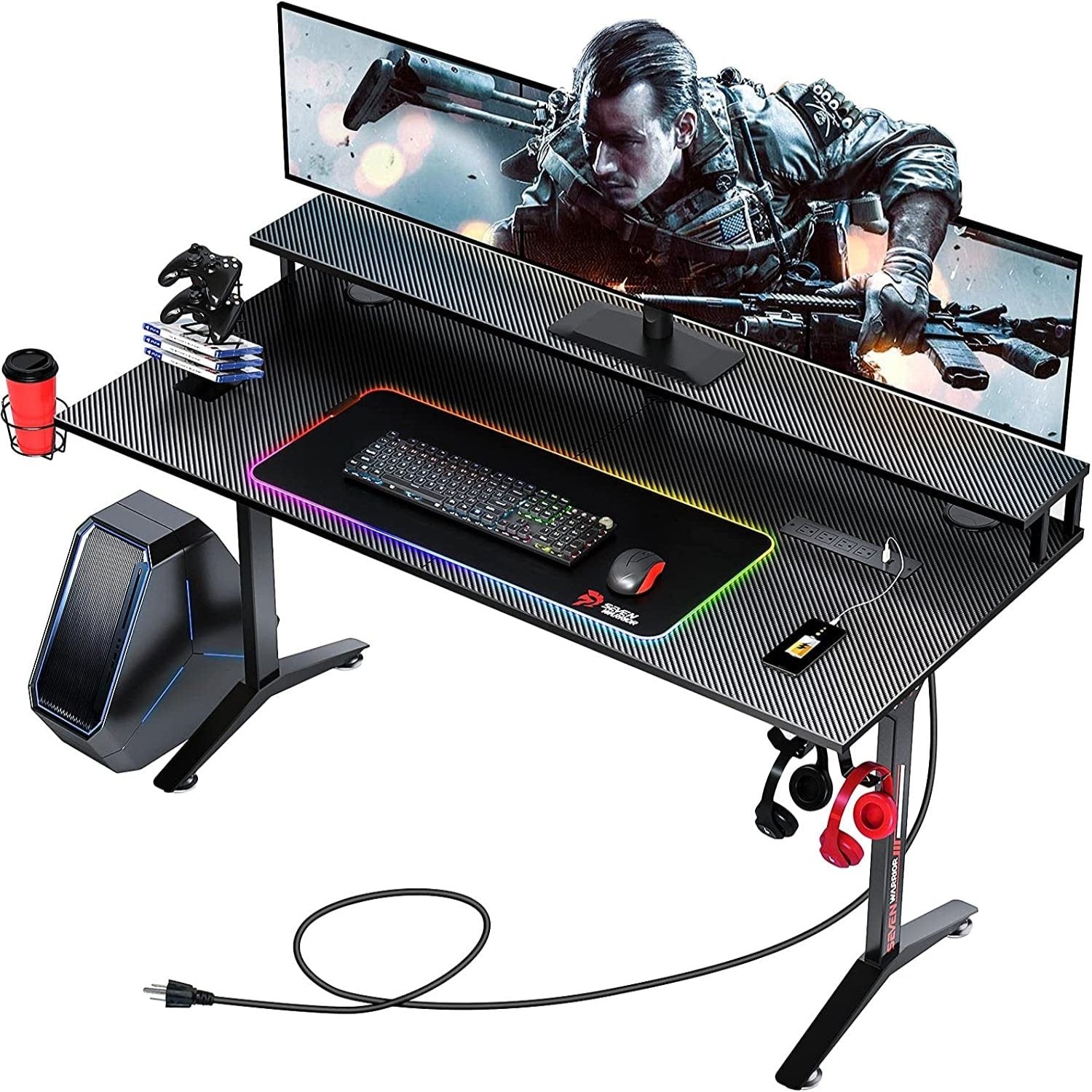 Gaming Desk 55INCH with RGB Mouse Pad & Power Outlet, Carbon Fiber Surface Gamer Desk with Monitor Stand, Ergonomic Y Shaped Gamer Table with Cup Holder, Headphone Hook, Outlet Organizer