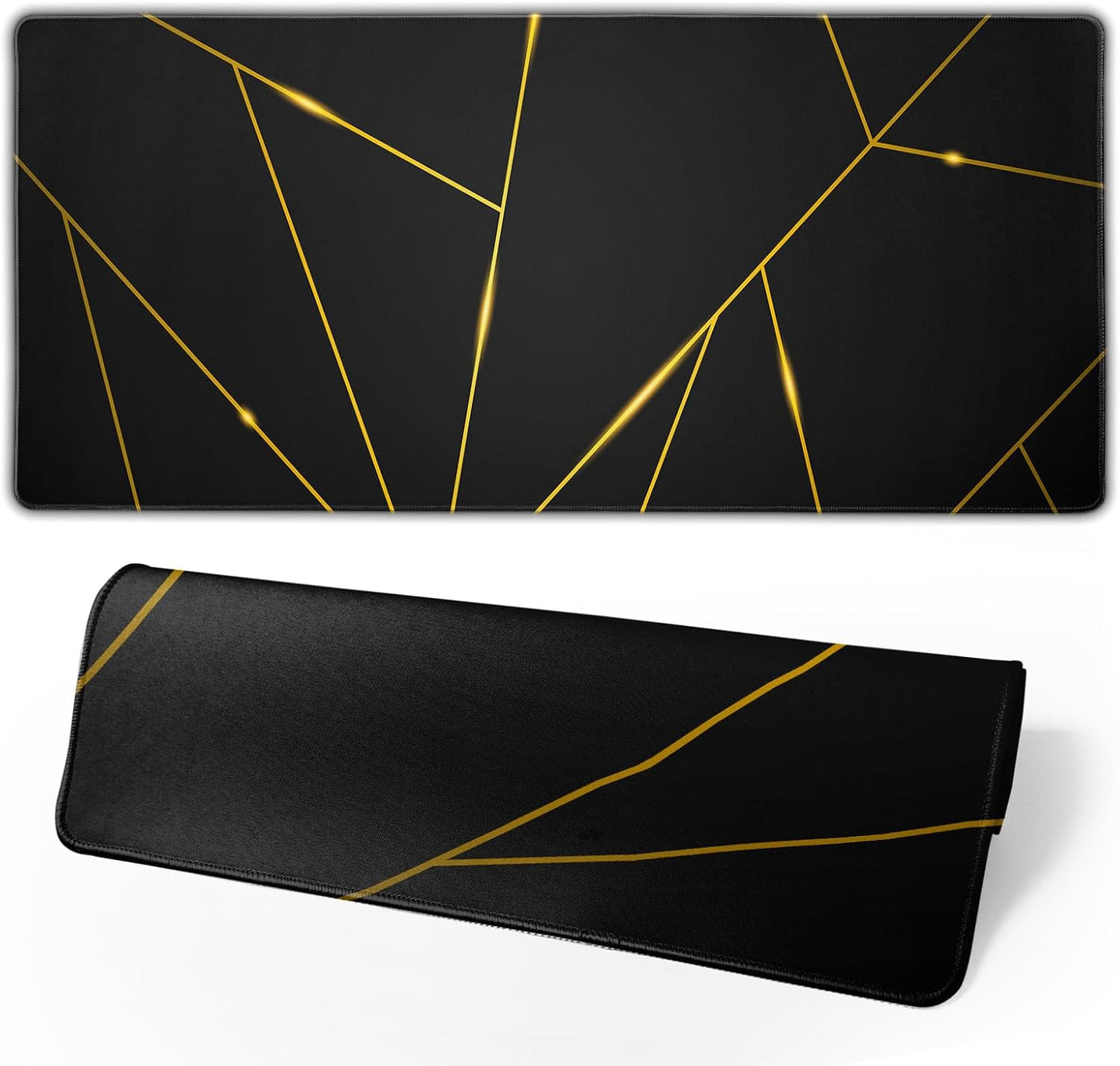 Gaming Mouse Pad 31.5×11.8 Inch XL with Stitched Edges Extended Waterproof Gold Line Black Geometric Desk Pads Non-Slip Rubber Base Large Keyboard Mat Computer Gaming Mousepad for Work/Office/Home