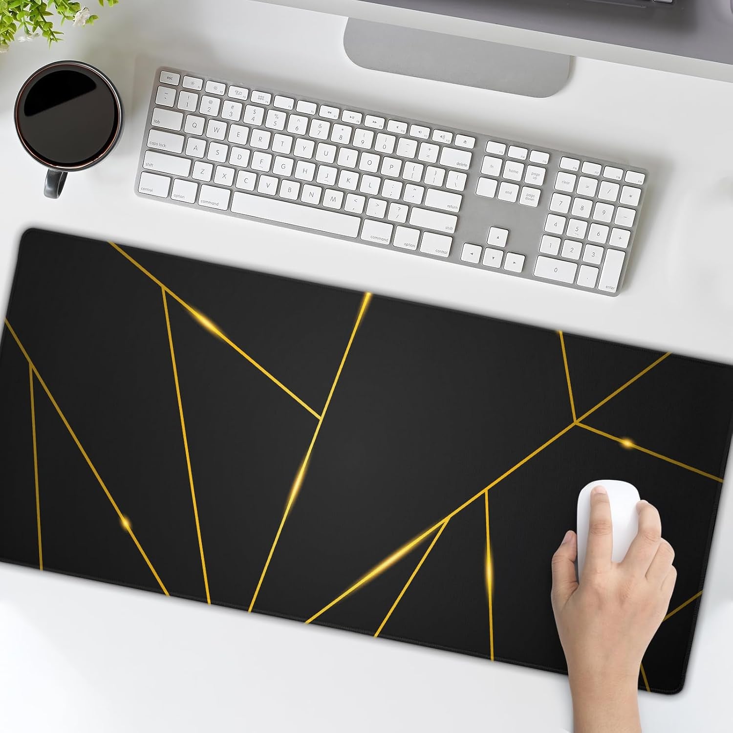 Gaming Mouse Pad 31.5×11.8 Inch XL with Stitched Edges Extended Waterproof Gold Line Black Geometric Desk Pads Non-Slip Rubber Base Large Keyboard Mat Computer Gaming Mousepad for Work/Office/Home